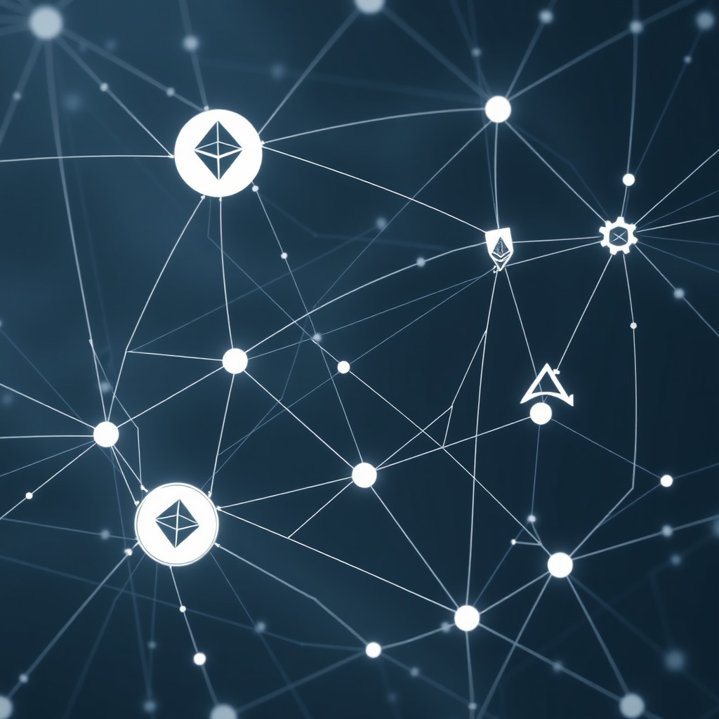 Abstract visualization of multi-chain blockchain networks showing Ethereum, Polygon, Avalanche, and Arbitrum connections with cross-chain liquidity flows in sophisticated neutral tones